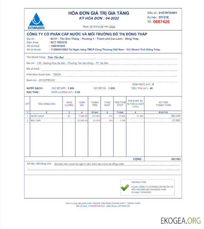 VIETNAM DOWASEN utility bill Word and PDF template